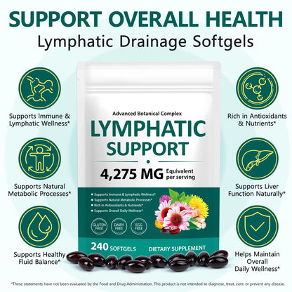 Lymphatic Drainage Supplements, 240 Softgels, Lymph System Support Supplement for Women & Men, 21-in-1 Herbal Blend with Echinacea, Burdock Root, Dandelion, Turmeric for Fluid Balance & Immune Support - Maple Wellness Supplements