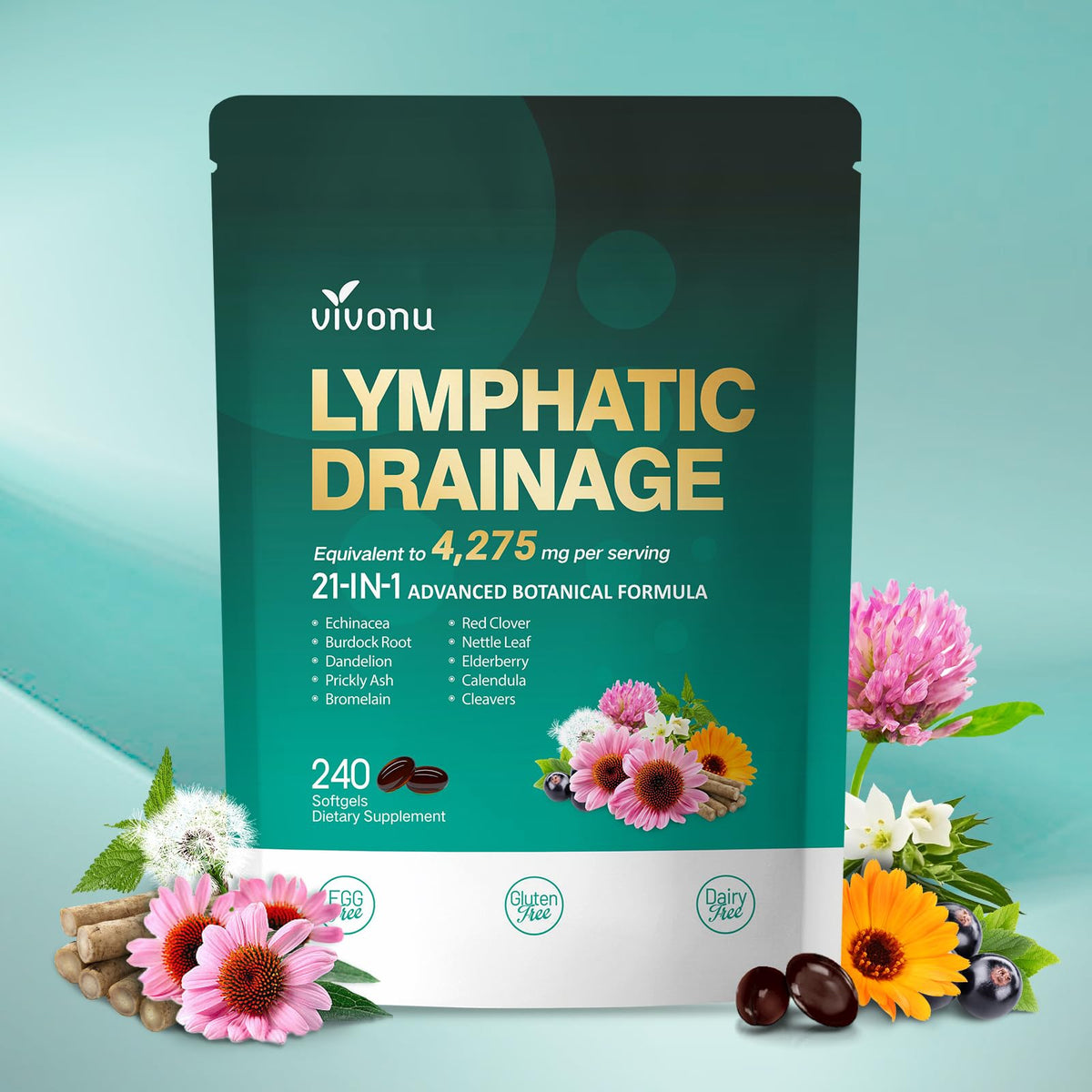 Lymphatic Drainage Supplements, 240 Softgels, Lymph System Support Supplement for Women & Men, 21-in-1 Herbal Blend with Echinacea, Dandelion, Burdock - Maple Wellness Supplements