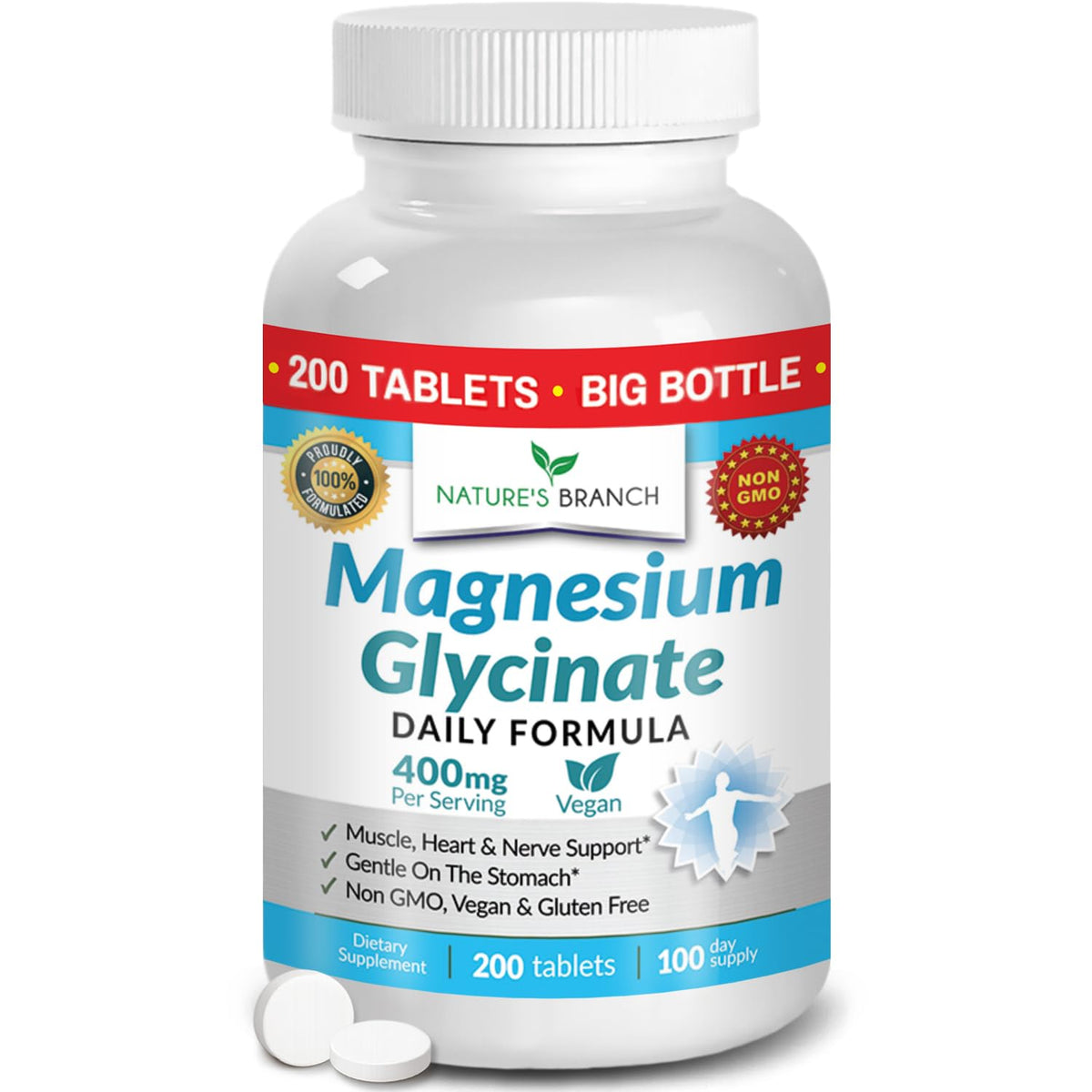 Magnesium Glycinate 400mg | 200 Tablets | High Absorption Mag Supplements for Sleep, Leg Cramps, Heart, Muscle, Calm | Non Buffered Bisglycinate, Extra Strength for Women and Men, Tablets Not Capsules - Maple Wellness Supplements
