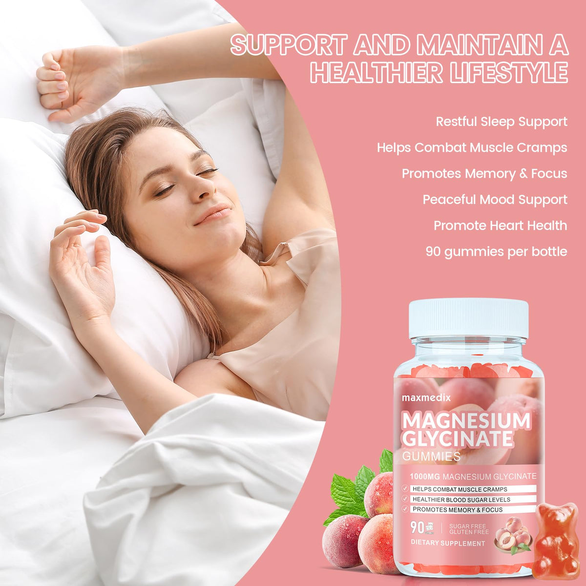 Magnesium Glycinate Gummies 1000mg, Sugar Free Magnesium Potassium Supplements Chewable for Adults with L-Threonate for Sleep - Maple Wellness Supplements