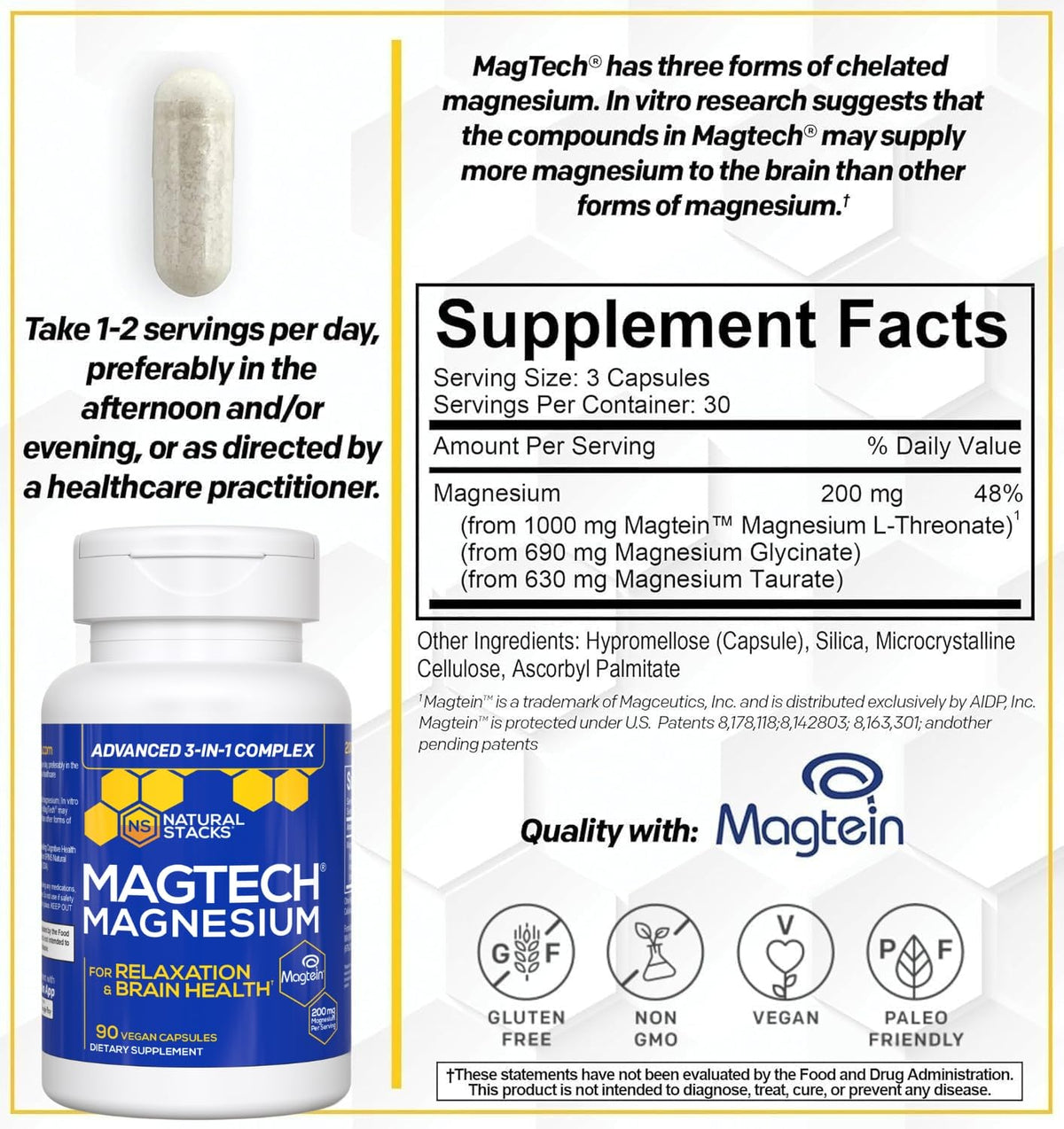 MagTech Magnesium Complex for Women & Men - 3 Forms of Magnesium: Glycinate, Magtein L-Threonate & Taurate - 200mg Chelated Complex - Maple Wellness Supplements