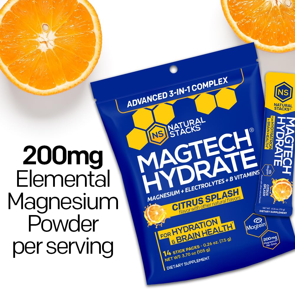 MagTech Magnesium Hydrate Packets - Sugar Free Hydration Powder - Magtein Magnesium L-Threonate, Glycinate & Taurate - 200mg Chelated Triple Complex - Supports Hydration & Brain Health* - 14 Servings - Maple Wellness Supplements