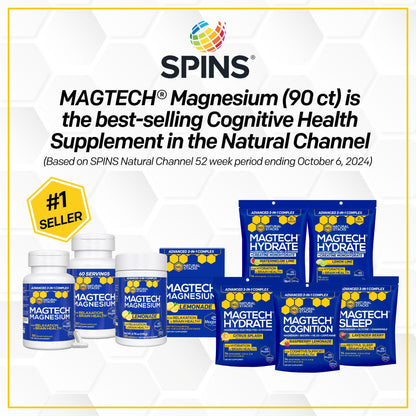 Magtein Magnesium L-Threonate, Glycinate & Taurate - MagTech Magnesium Powder - Sugar Free Lemonade Drink - 200mg Chelated Triple Complex - Supports Relaxation & Brain Health* - 30 Servings - Maple Wellness Supplements