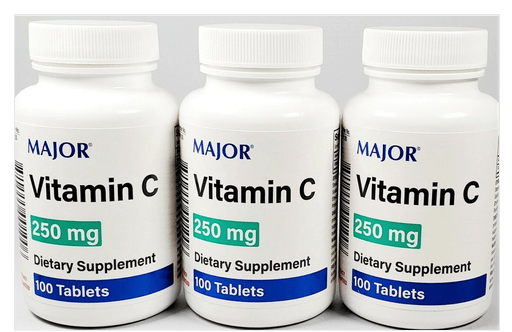 Major Vitamin C 250 mg Ascorbic Acid 100ct -3 Pack - Maple Wellness Supplements