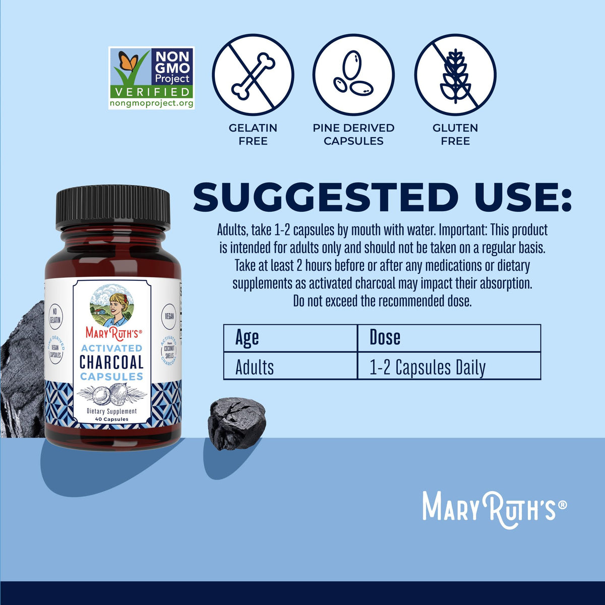 MaryRuth Organics Activated Charcoal Capsules | Substance Adsorption | Derived from Coconut Shells | Vegan Capsules from Pine Trees | Non-GMO | Gluten Free | 40 Count - Maple Wellness Supplements
