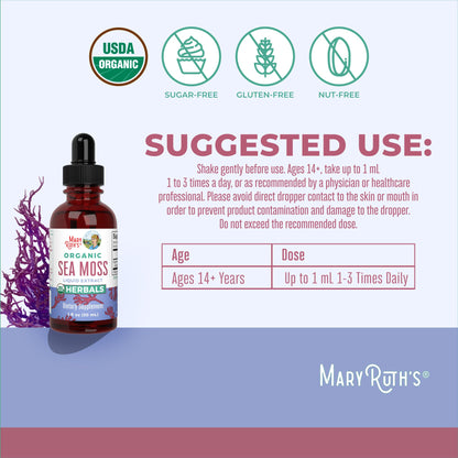 MaryRuth Organics Irish Sea Moss Liquid Drops | Chondrus Crispus | Wild Harvested | Organic Irish Moss Formulated for Adults & Kids Ages 14+ | Unflavored | Sugar Free | Vegan | Non-GMO | 1 Fl Oz - Maple Wellness Supplements