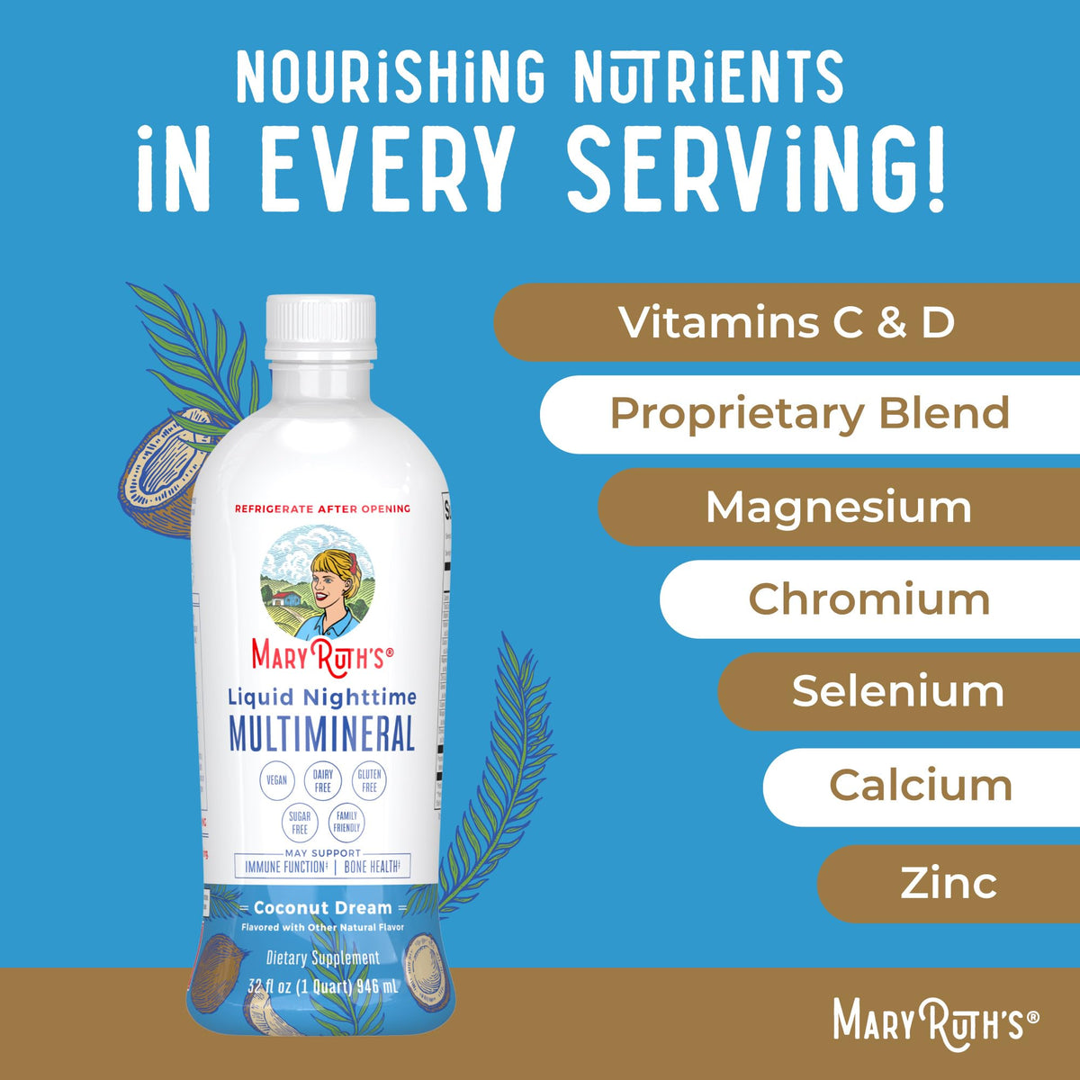 MaryRuth Organics Liquid Nighttime Multimineral | No Melatonin | Bedtime Routine | Magnesium Citrate | Calcium | Zinc | Vitamin D3| Available in 4 Flavors - Vegan | Sugar Free | Gluten Free | 32 Oz - Maple Wellness Supplements