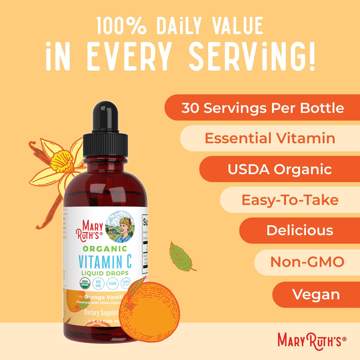 MaryRuth Organics Organic Vitamin C Supplement | Liquid Vitamin C Liquid Drops for Adults & Kids | Immune Support Supplement for Overall Health | Vegan | Non-GMO | Gluten Free | 4 Fl Oz - Maple Wellness Supplements