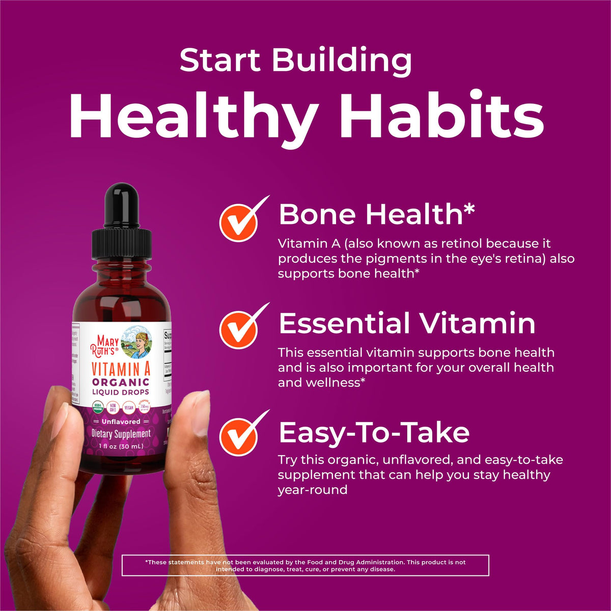 MaryRuth Organics USDA Organic Vitamin A Liquid Drops | 3 Month Supply | Bone Health for Ages 14+ | Essential Vitamin | 750mcg per Serving | Sugar Free | Vegan | Non-GMO | Gluten Free | 1oz - Maple Wellness Supplements