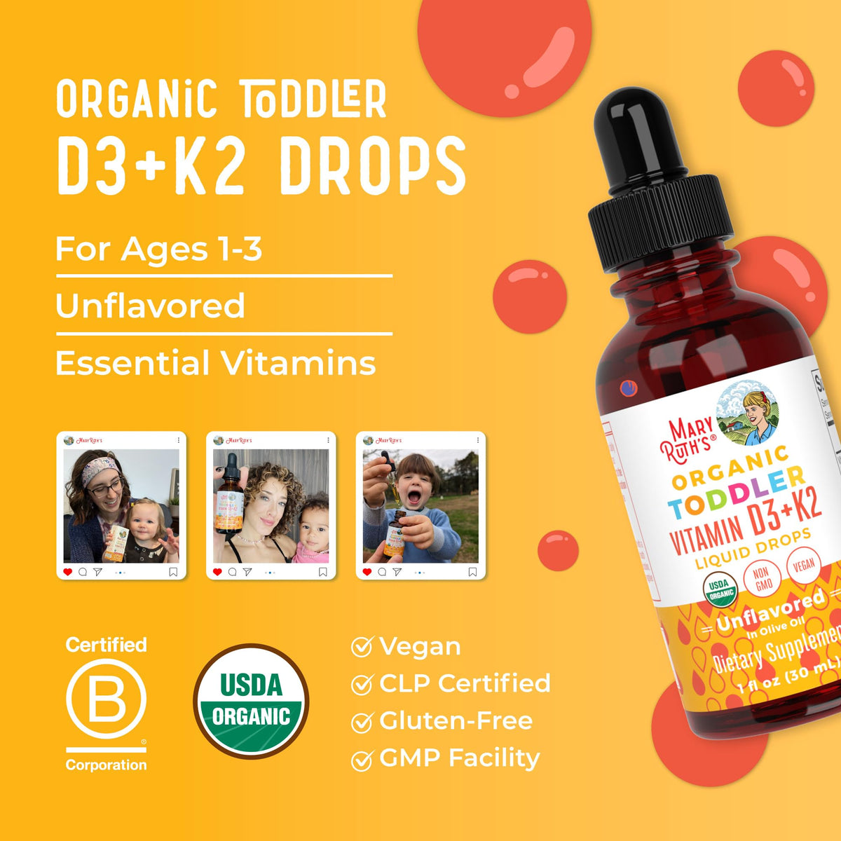 MaryRuth Organics Vitamin D3 | Vitamin K2 | Vitamin D3 K2 Drops | K2 D3 Vitamin Liquid Supplement for Toddlers | Kids Supplement for Calcium Absorption Strong Bones | Vegan | Gluten Free | 1 Fl Oz - Maple Wellness Supplements