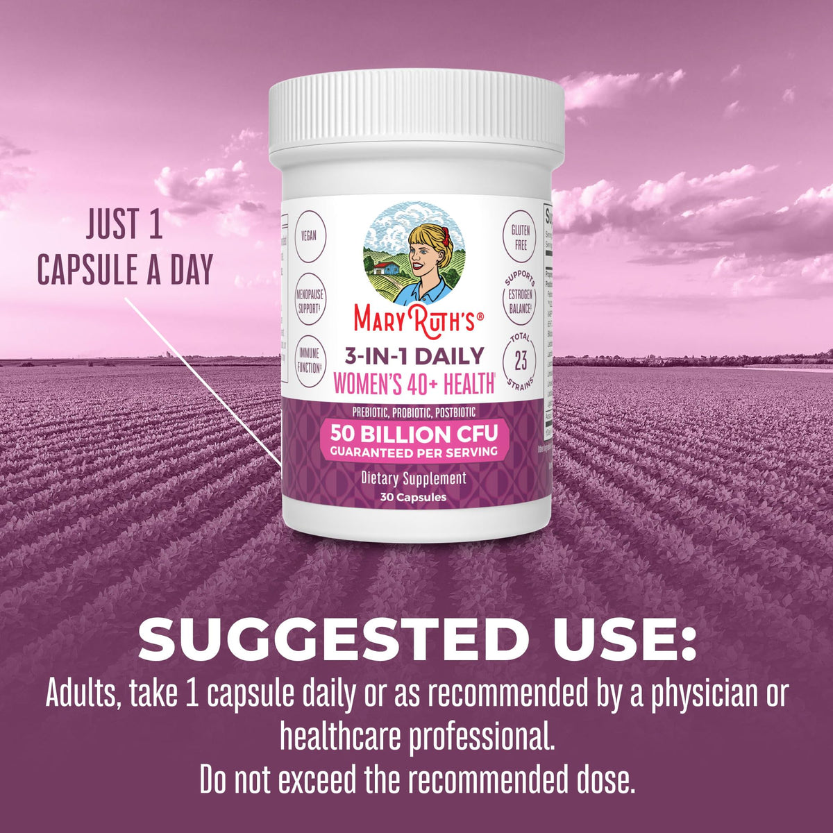 MaryRuth's 3-in-1 Daily Health 40+ Probiotics for Women | Hormonal & Menopause Support Supplement for Women | Gut Health Capsules | 50 Billion CFU | Allergen Free | 30 Ct - Maple Wellness Supplements