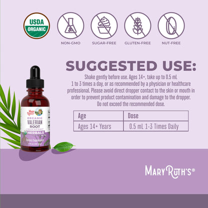 MARYRUTH'S Organics Valerian Root Liquid Drops | 2 Month Supply | Sugar Free | USDA Organic Valerian Root Drops | Support Sleep | Calm and Stress Relief - Maple Wellness Supplements