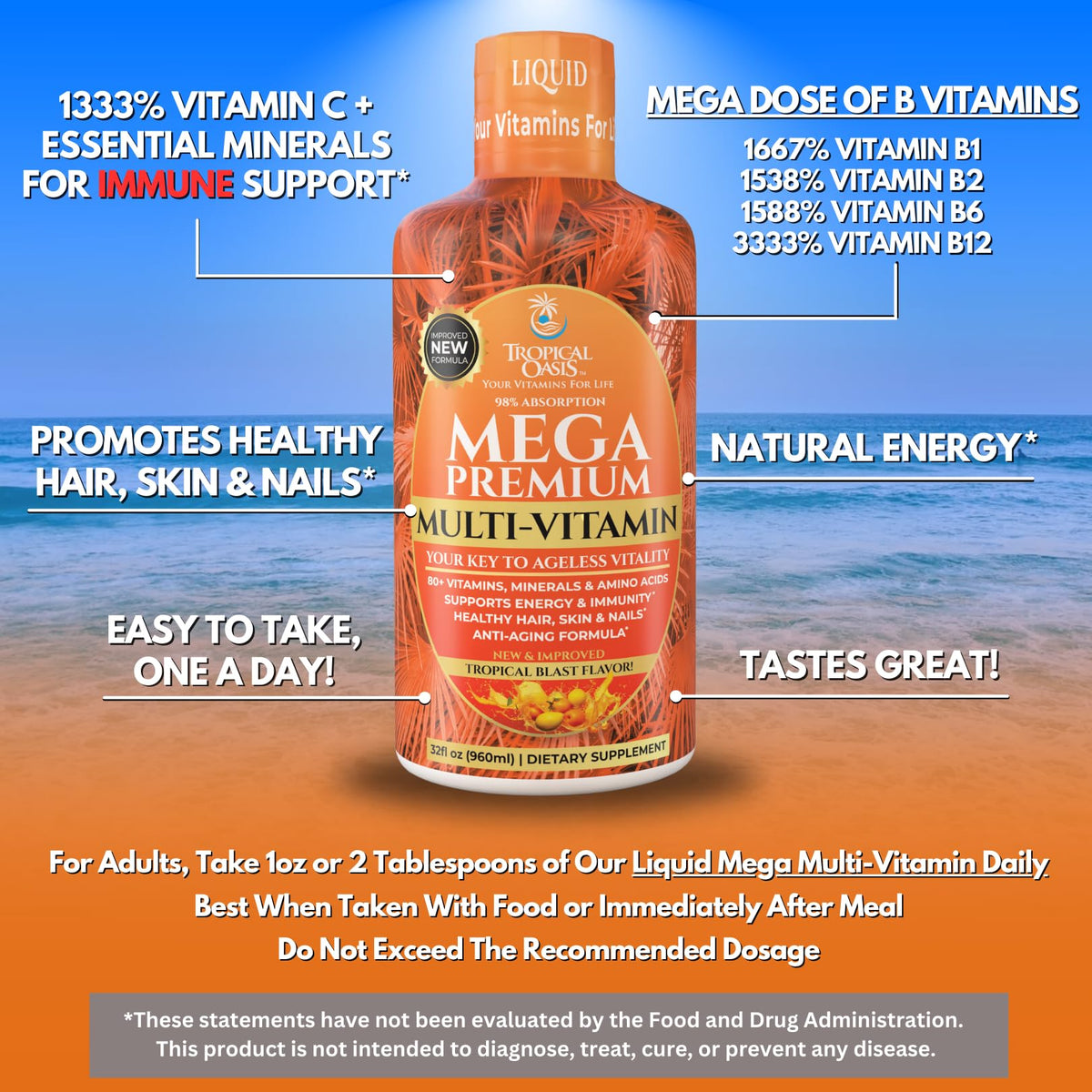 Mega Premium Liquid Multivitamin | Natural Immune Support Vitamin w/ 1333% Vitamin C, 200% D3, Zinc + 20 Vitamins, 70 Minerals, & 21 Amino Acids | Sugar Free | Orange Flavor | 98% Absorption | 32 Serv - Maple Wellness Supplements