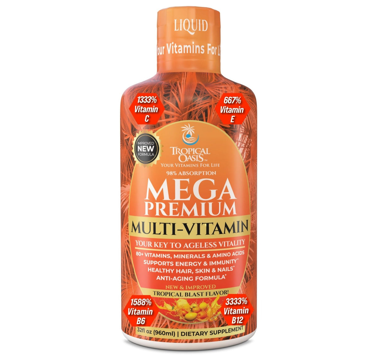 Mega Premium Liquid Multivitamin | Natural Immune Support Vitamin w/ 1333% Vitamin C, 200% D3, Zinc + 20 Vitamins, 70 Minerals, & 21 Amino Acids | Sugar Free | Orange Flavor | 98% Absorption | 32 Serv - Maple Wellness Supplements