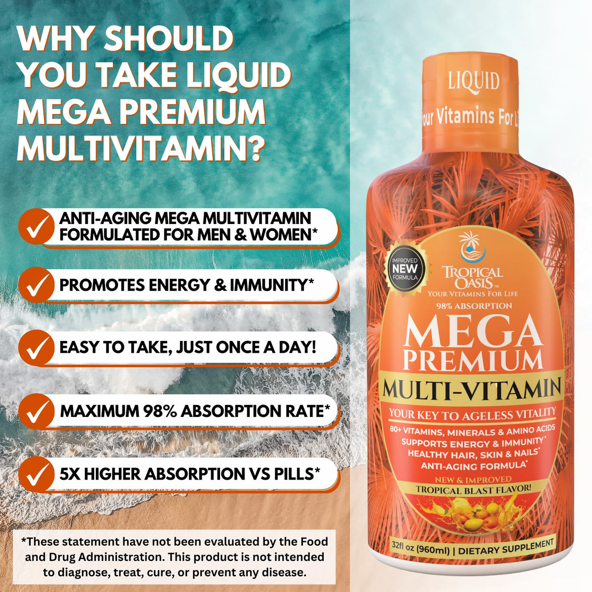 Mega Premium Liquid Multivitamin | Natural Immune Support Vitamin w/ 1333% Vitamin C, 200% D3, Zinc + 20 Vitamins, 70 Minerals, & 21 Amino Acids | Sugar Free | Orange Flavor | 98% Absorption | 32 Serv - Maple Wellness Supplements