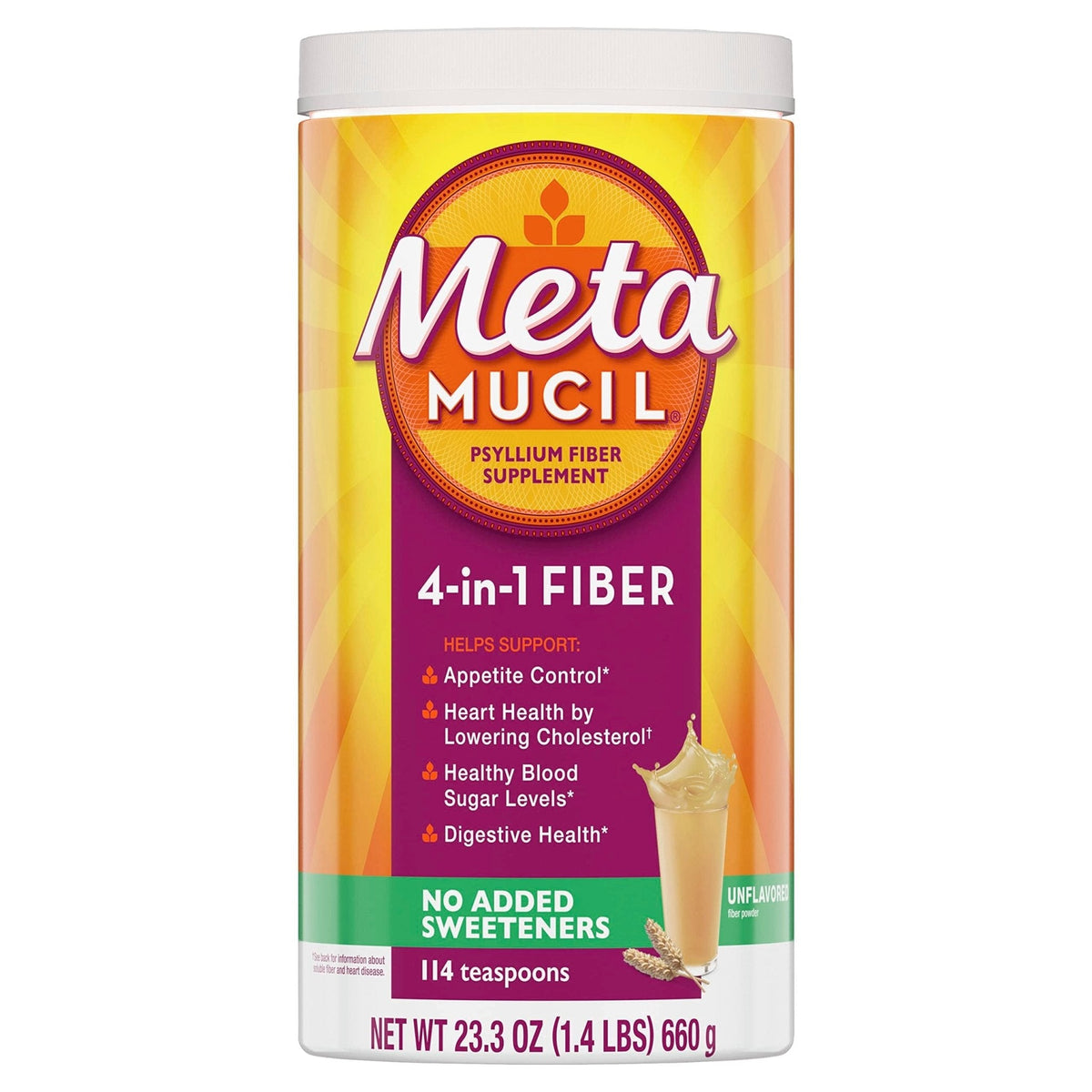 Metamucil, Psyllium Husk Powder, Unflavored with No Added Sweeteners, 114 Servings, 4-in-1 Fiber Supplement, Daily Psyllium Husk Fiber Powder - Maple Wellness Supplements