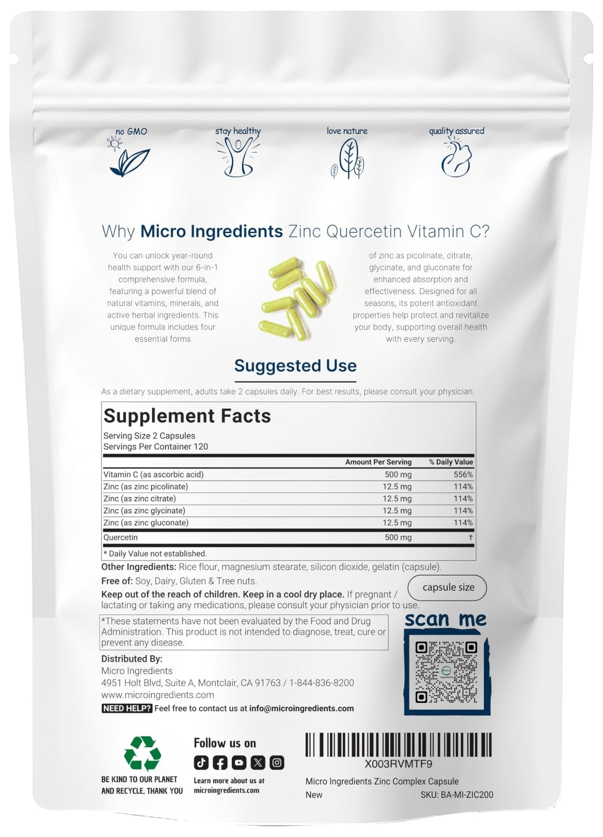 Micro Ingredients Quercetin with Vitamin C and Zinc, 240 Capsules | Quercetin 500mg, Vitamin C 500mg, Zinc 50mg (Picolinate, Citrate, Glycinate, Gluconate) - Maple Wellness Supplements