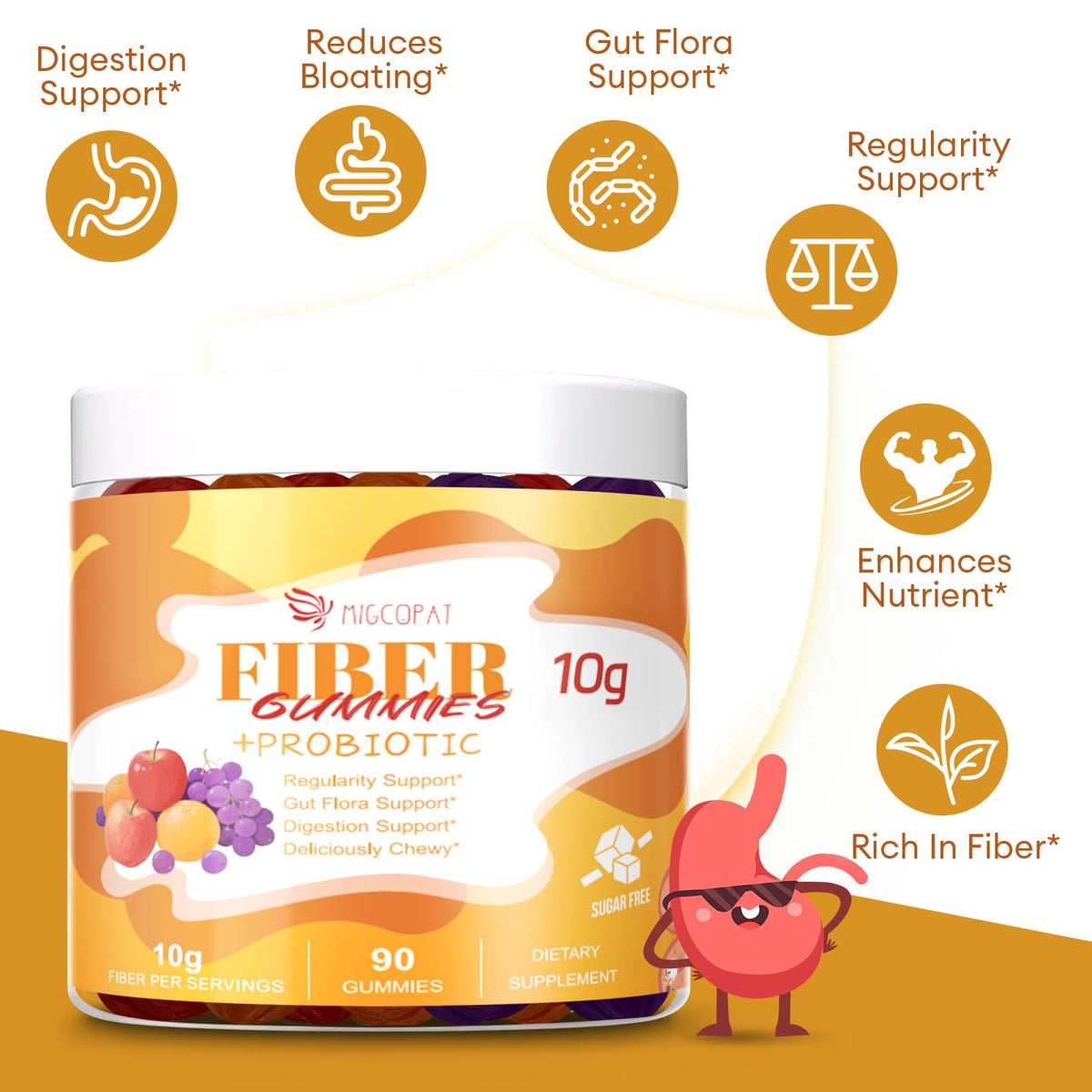 Migcopat 10G Fiber Gummies for Adults - Support Digestive Health - Fiber Supplement with 30 Billion CFU Probiotics Blend, ACV, Vitamin C, Inulin - No Sugar Added - Fruit Flavored - 180 Count - Maple Wellness Supplements