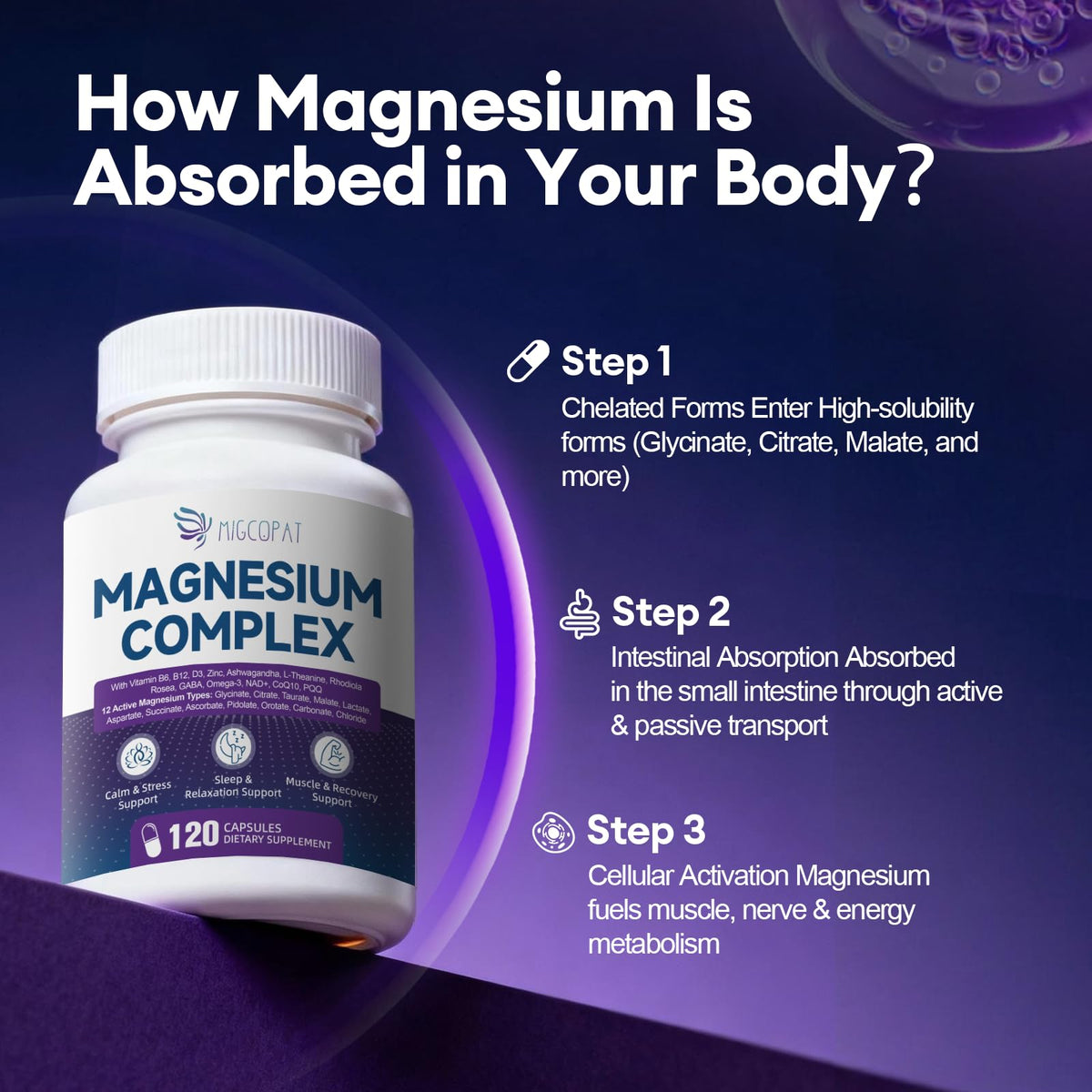 Migcopat Magnesium Complex w/Magnesium Glycinate, Malate, Citrate | 24-in-1 Magnesium Supplement w/Ashwagandha, L-Theanine & NAD+ | Supports Calm, Energy, Muscle & Sleep | Non-GMO, 120 Vegan Caps - Maple Wellness Supplements