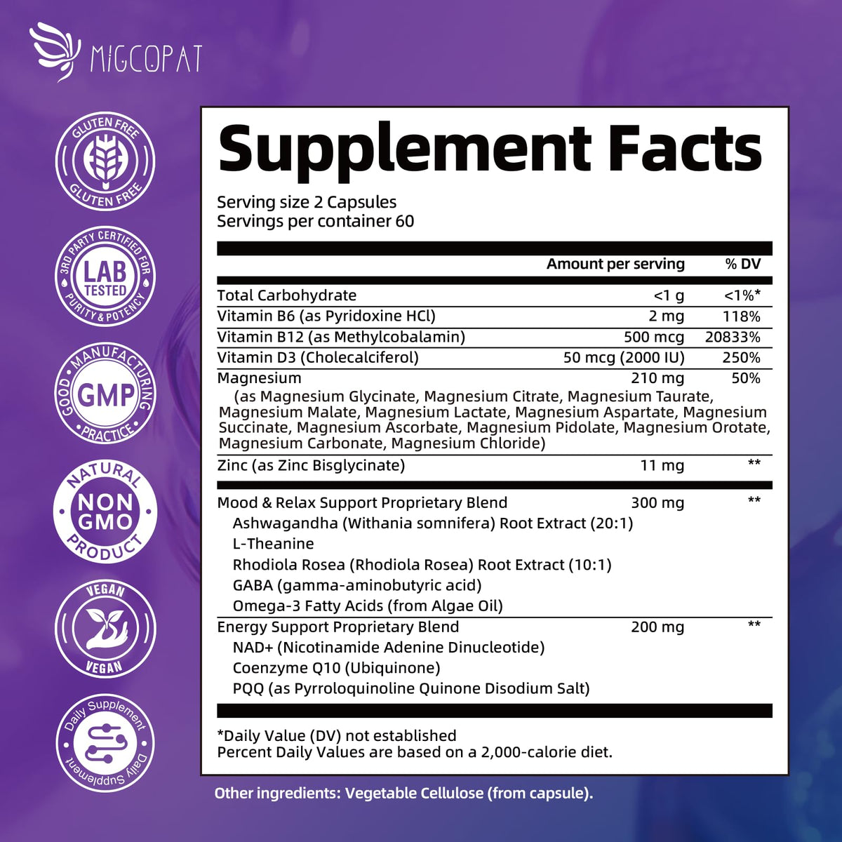 Migcopat Magnesium Complex w/Magnesium Glycinate, Malate, Citrate | 24-in-1 Magnesium Supplement w/Ashwagandha, L-Theanine & NAD+ | Supports Calm, Energy, Muscle & Sleep | Non-GMO, 120 Vegan Caps - Maple Wellness Supplements