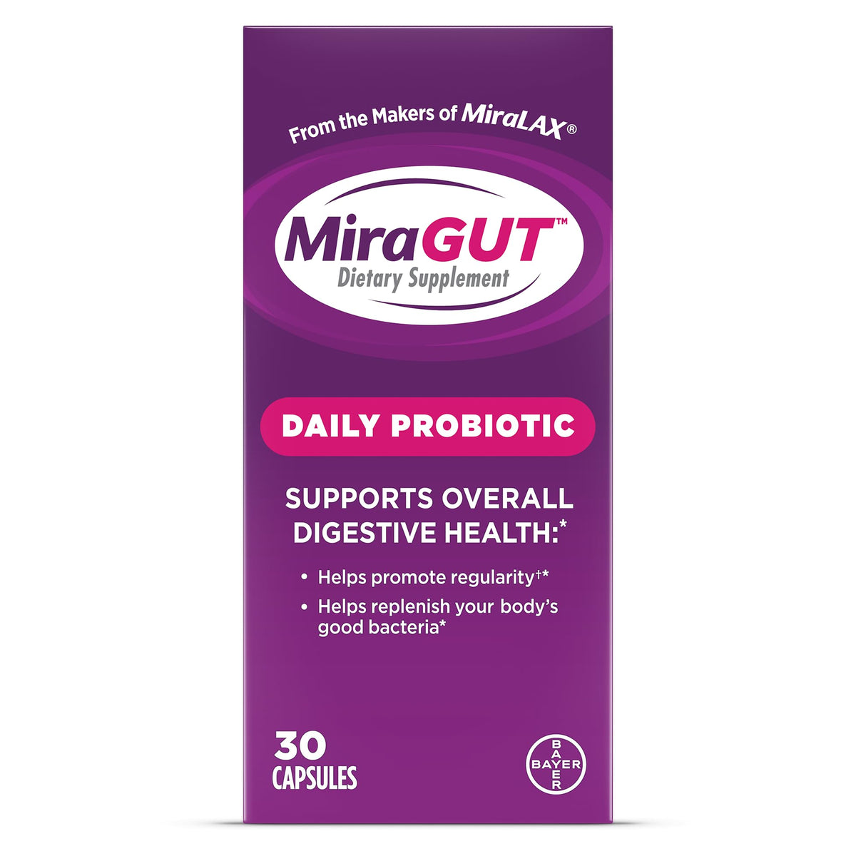 MiraGUT Daily Probiotic, from the Makers of MiraLAX, Probiotics for Digestive Health, Gluten-Free Supplement, Probiotic for Women and Men - Maple Wellness Supplements