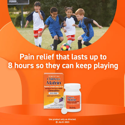 Motrin Children's Dye-Free Chewable Tablets with Ibuprofen, Kids' Fever Reducer & Pain Reliever for Sore Throat, Fever, Toothache & Pain Relief, Grape Flavor, 24 Ct - Maple Wellness Supplements