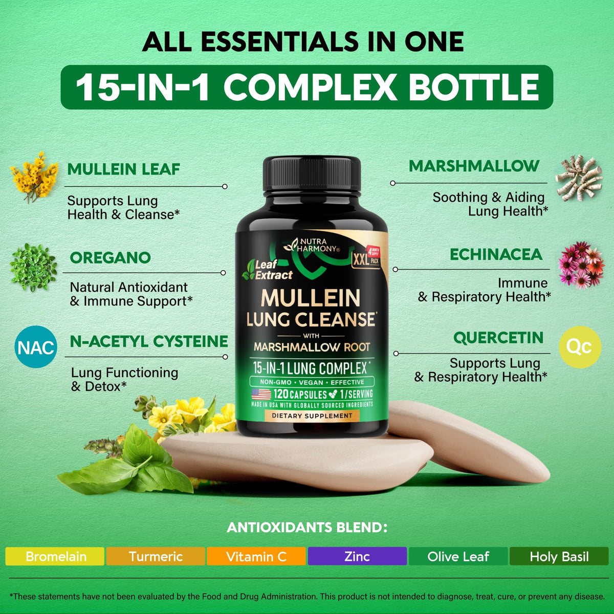 Mullein Lung Detox - Mullein Leaf Extract - Marshmallow Root | Echinacea | Oregano | Quercetin | NAC - 15-in-1 Lung Support & Cleanse for Smokers Supplement - Maple Wellness Supplements