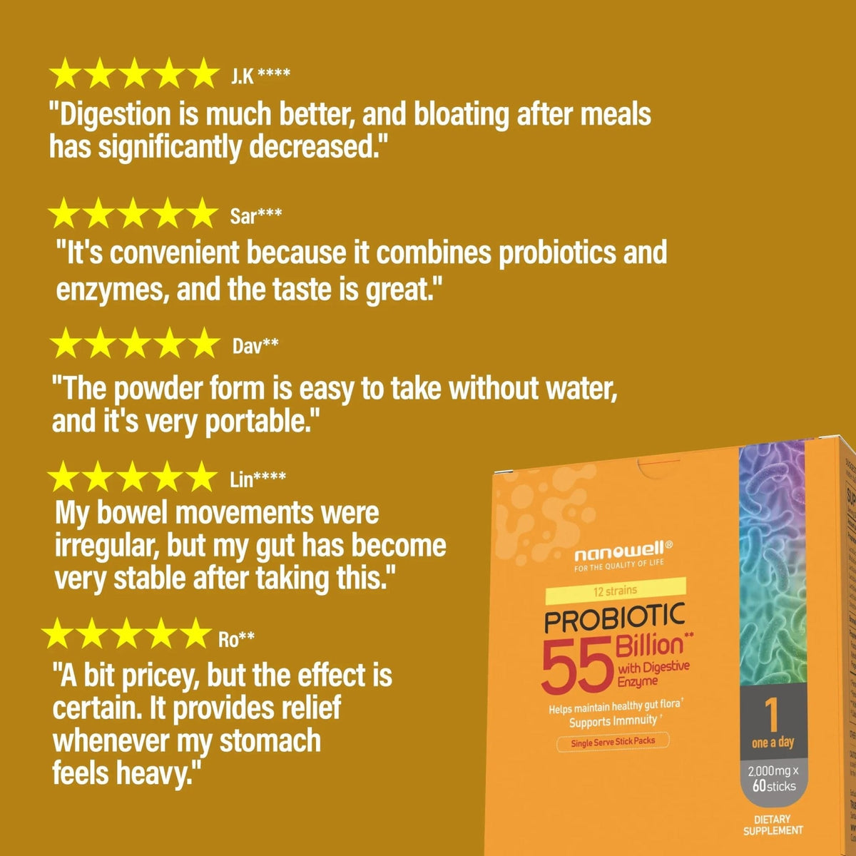 NANOWELL 12 Strains Probiotic 55 Billion CFU with Digestive Enzymes Powder - Immune Support, Gut Health, Probiotics, Prebiotics & Postbiotics - 60 Sticks, 60 Day Supply - Maple Wellness Supplements