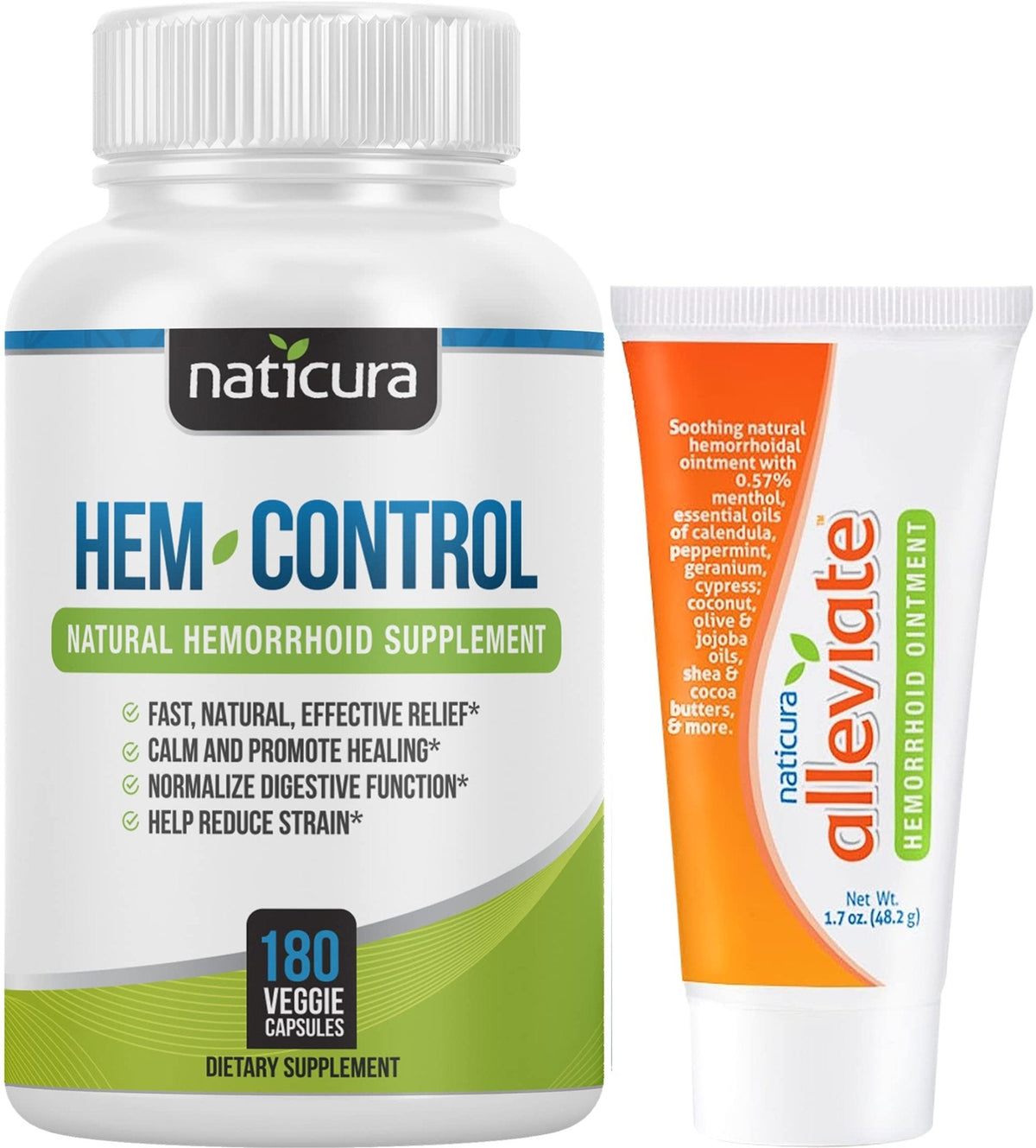 Naticura Bundle - Hem-Control Vegan Digestive Support Supplement (180 Count) and Alleviate Natural Hemorrhoid Relief Cream for Burning, Itching and Swelling (1.7 oz) Plus 2 Travel-Size Tubes - Maple Wellness Supplements