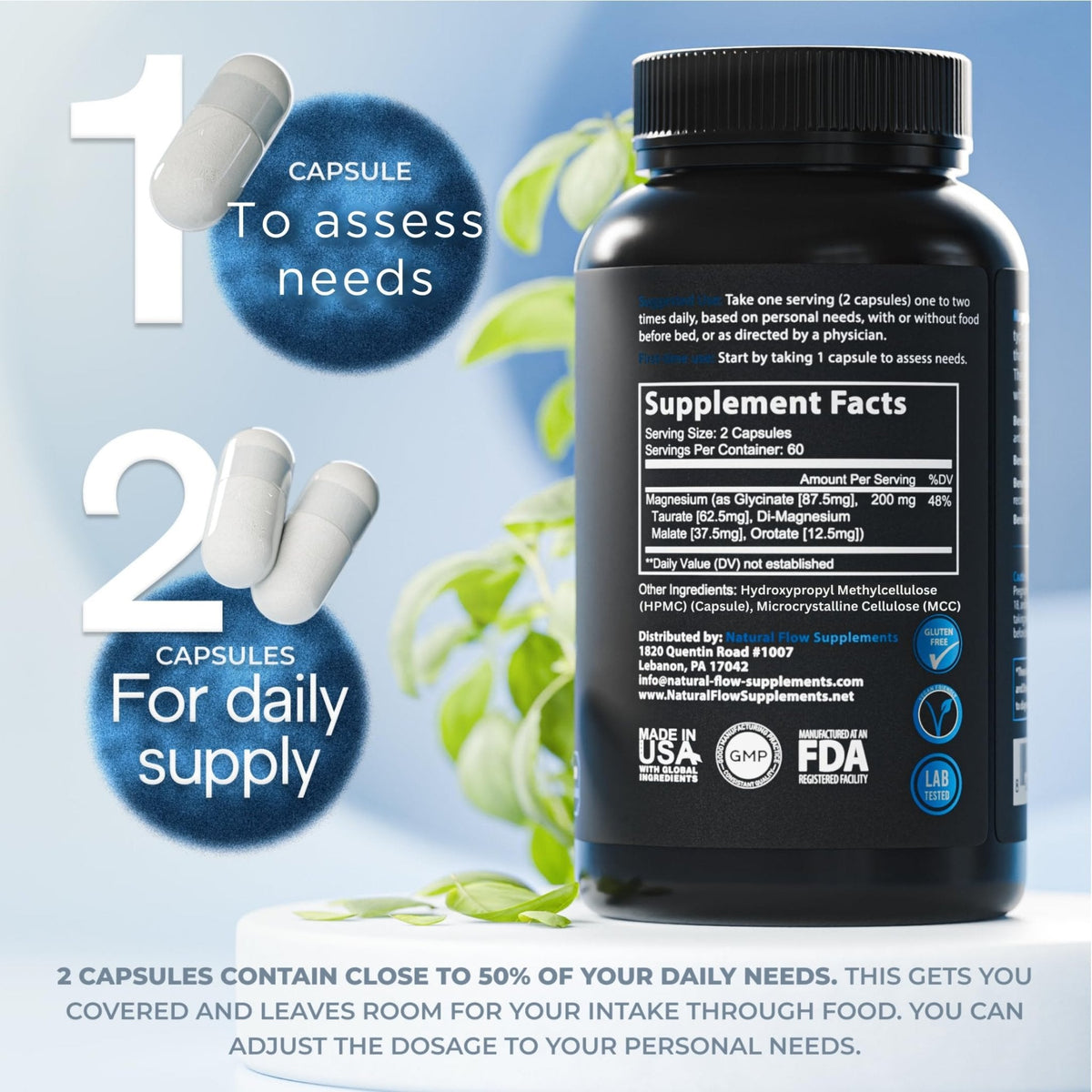 Natural Flow 4X Magnesium Supplement, Magnesium Glycinate, Taurate, Malate, Orotate Complex, Calm Sleep and Cramp Support Blend - Maple Wellness Supplements