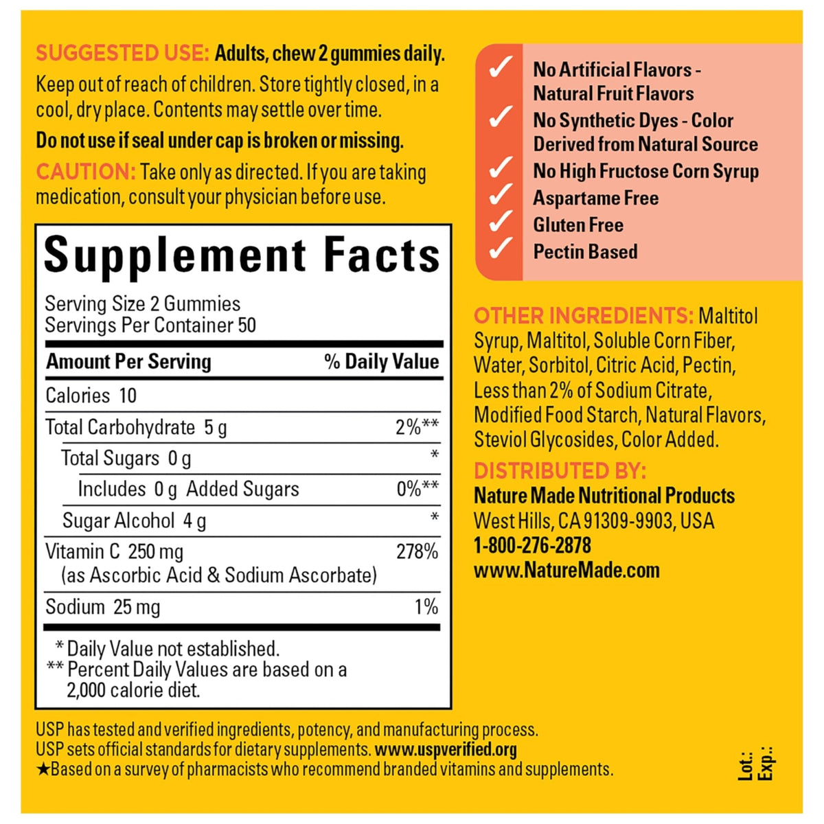 Nature Made Zero Sugar Vitamin C Gummies 250 mg Per Serving, Immune & Antioxidant Support, Aspartame Free - Maple Wellness Supplements