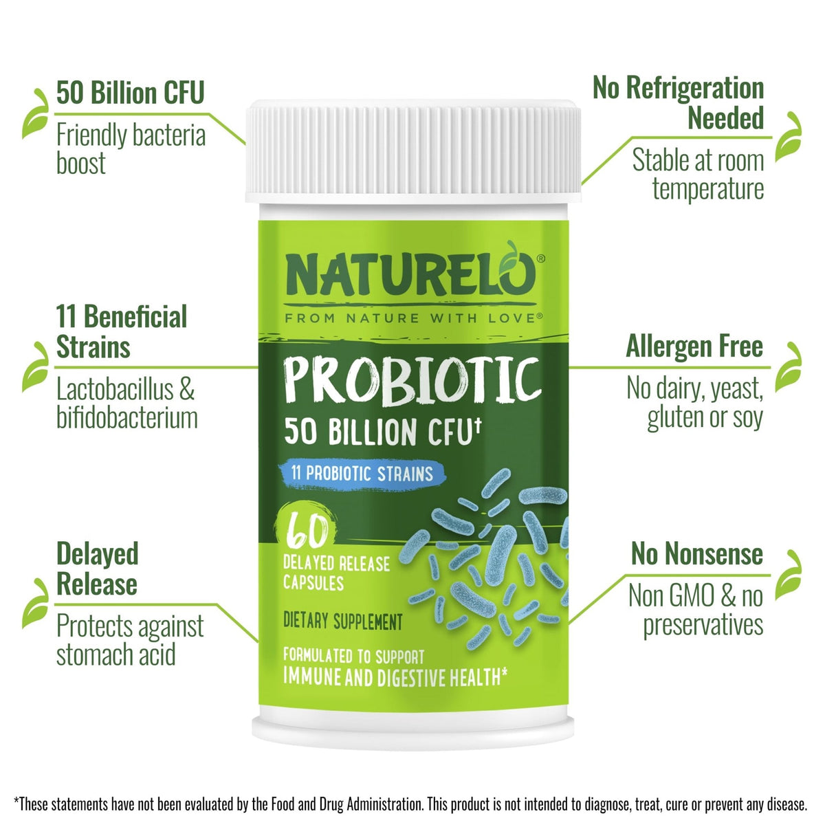 NATURELO Probiotics for Digestive Health - 50 Billion CFU, 11 Strains, Daily Use Supplement - Boosts Immune System, Delayed Release, - Maple Wellness Supplements