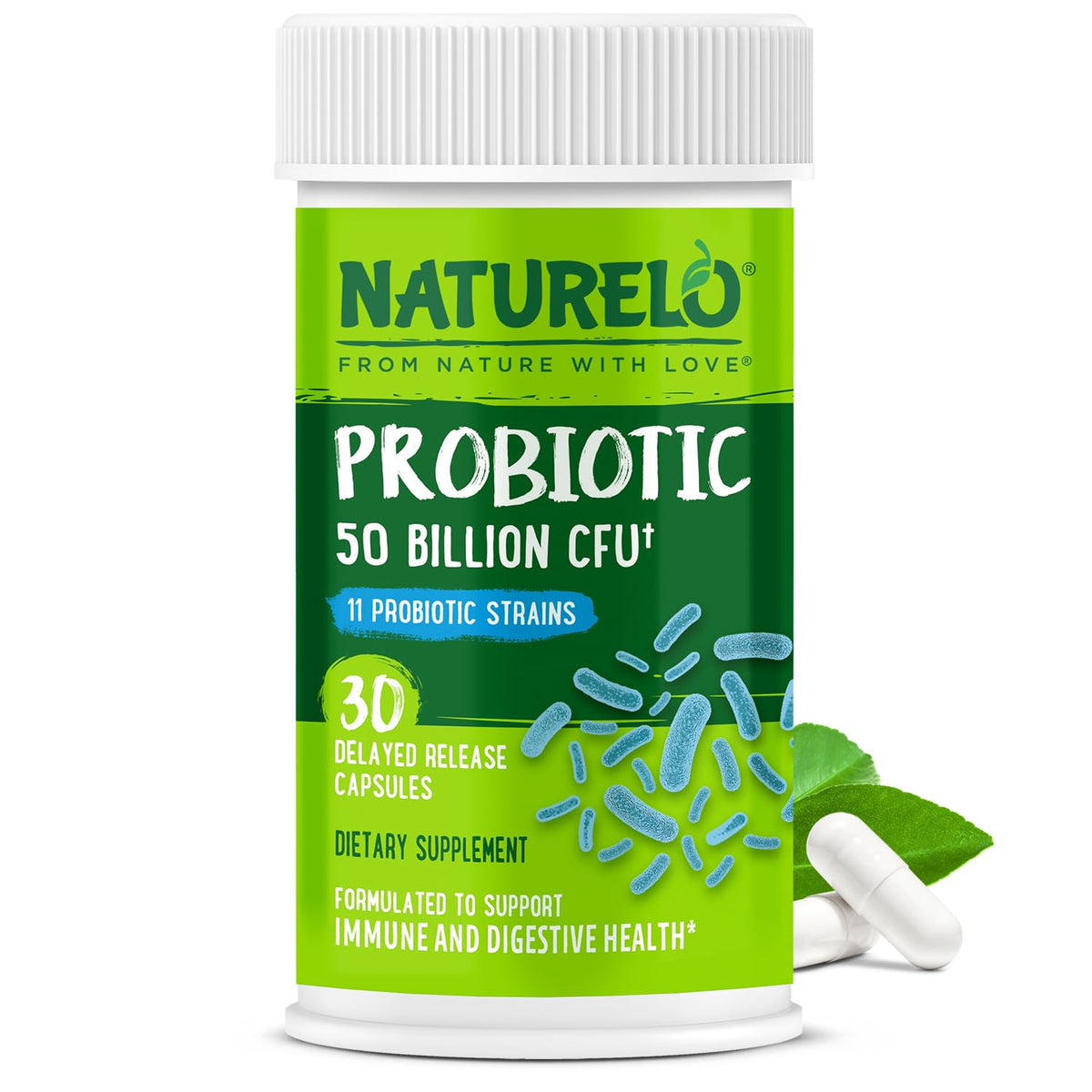 NATURELO Probiotics for Digestive Health, 50 Billion CFU, 30 Vegetarian Capsules, 11 Strains, Daily Use Supplement, Delayed Release, No-Fridge, Helps Boost Immune System, - Maple Wellness Supplements
