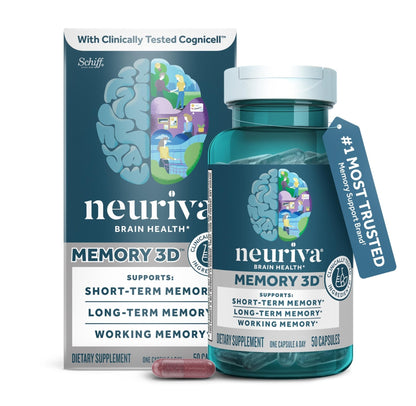 NEURIVA Memory 3D Brain Supplement - Decaffeinated Nootropic Capsules for Memory, Focus, & Cognitive Function - Short Term, Long Term, & Working Memory Support - 50ct - Maple Wellness Supplements