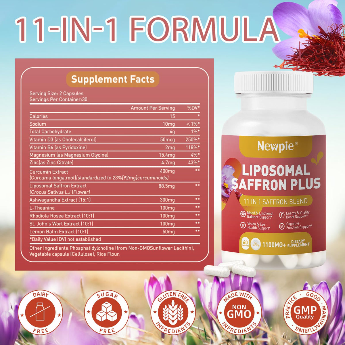 Newpie Saffron Supplements - 100% Pure Saffron Extract Capsules - Natural Mood Enhancer, Supports Eye & Heart Health, Boosts Energy - Premium Supplement for Women & Men（60 Servings (2) - Maple Wellness Supplements