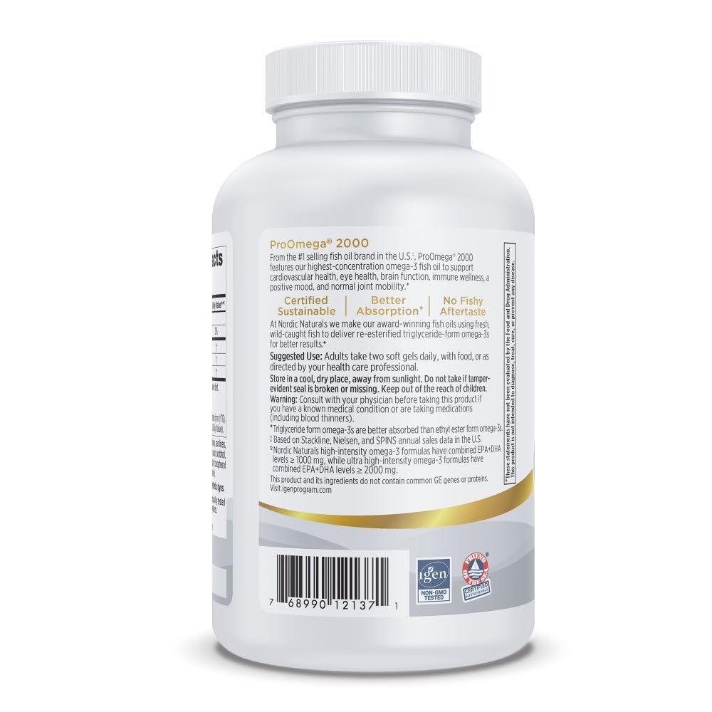 Nordic Naturals ProOmega 2000, Lemon Flavor - 120 Soft Gels - 2150 mg Omega-3 - Ultra High-Potency Fish Oil - EPA & DHA - Promotes Brain, Eye, Heart, & Immune Health - Non-GMO - 60 Servings - Maple Wellness Supplements