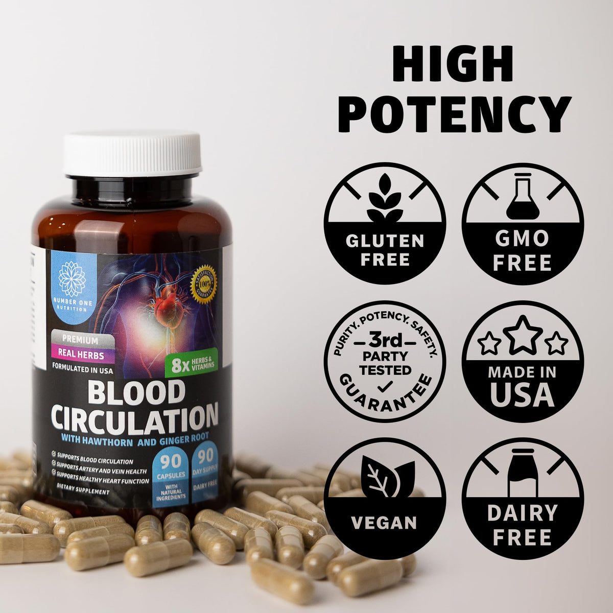 Number One Nutrition Premium Blood Circulation Supplement for Women and Men [8 Powerful Herbs & Vitamins] All Natural Blood Flow Supplement with Hawthorn, Butchers Broom and Cayenne Pepper, 90 Caps - Maple Wellness Supplements