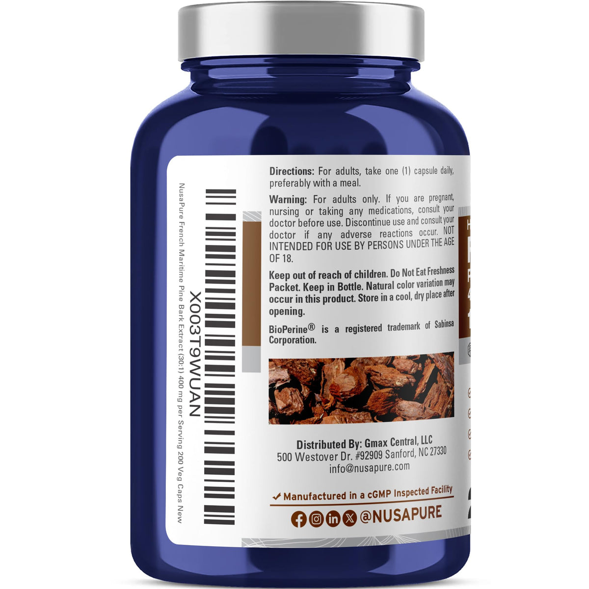 NusaPure French Maritime Pine Bark 30:1 Extract, 400 mg Equivalent to 12,000 mg Per Veggie Caps 200-Day Supply, Bioperine (Non-GMO & Vegan) - Maple Wellness Supplements