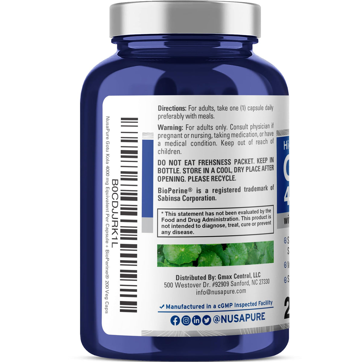 NusaPure Gotu Kola Capsules 20:1 Extract, 200 mg Equivalent to 4000mg Per Veggie Caps, 200 Count, Non-GMO, Vegan, Bioperine - Traditional Herb Extract - Maple Wellness Supplements