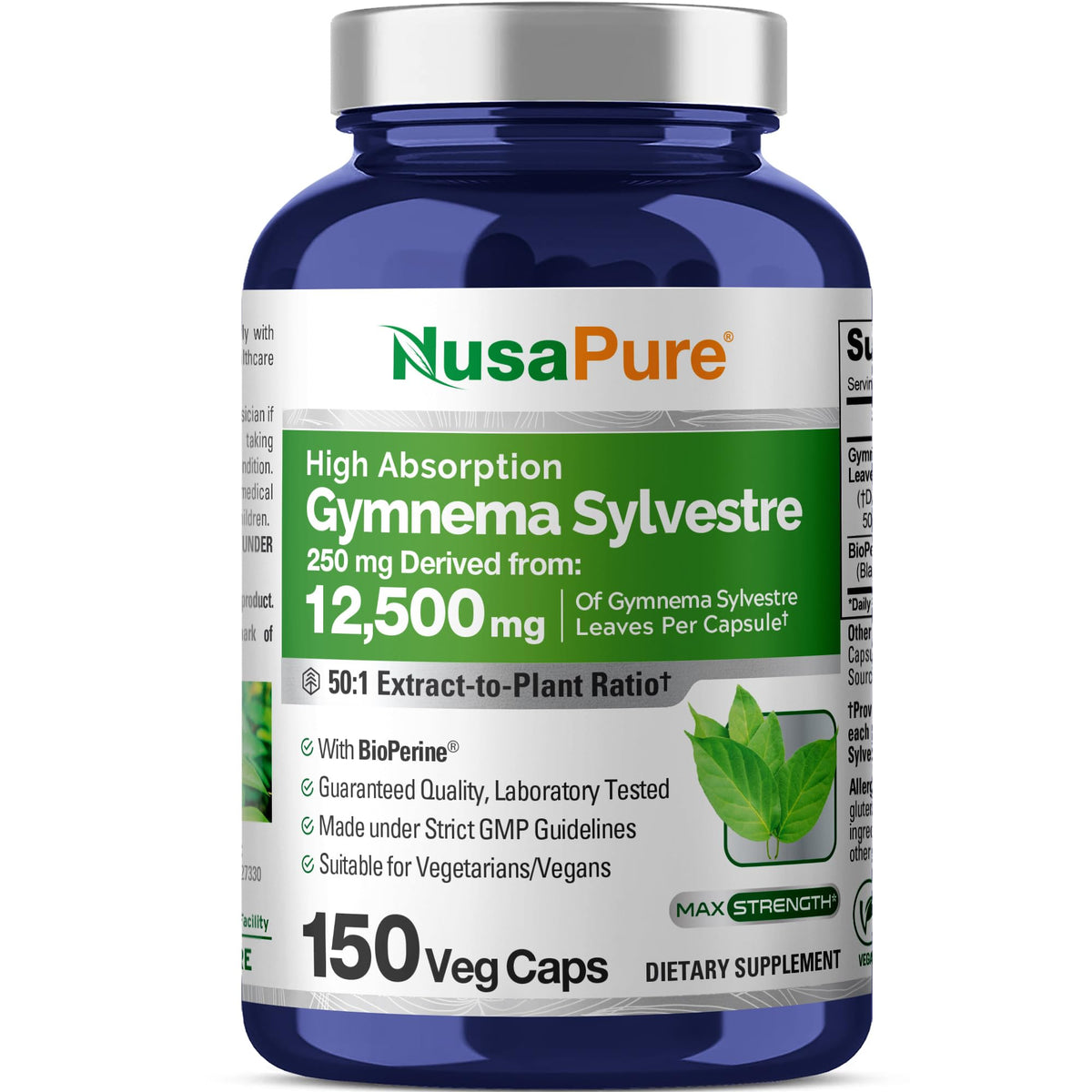 NusaPure Gymnema Sylvestre 50:1 Extract, 250 mg Equivalent to 12,500mg Per Vegan Caps - 150 Count (Non-GMO, Vegan, Bioperine) - Maple Wellness Supplements