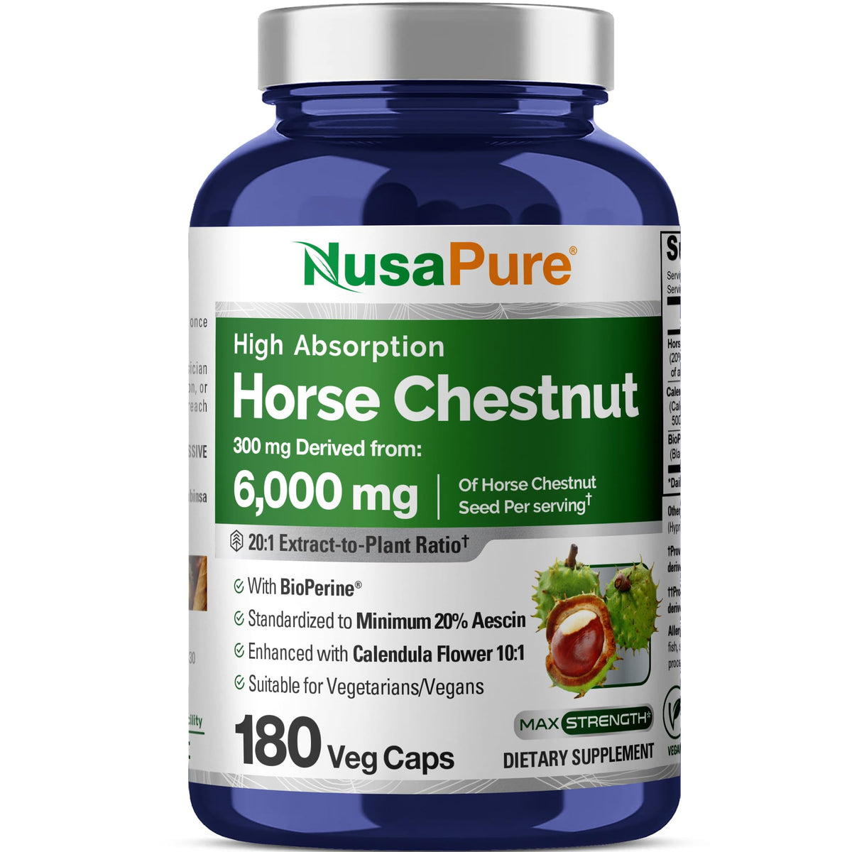 NusaPure Horse Chestnut 20:1 Extract, 300 mg Equivalent to 6,000mg 180 Veggie Caps Non-GMO, Vegan, BioPerine, Calendula Flower - Maple Wellness Supplements