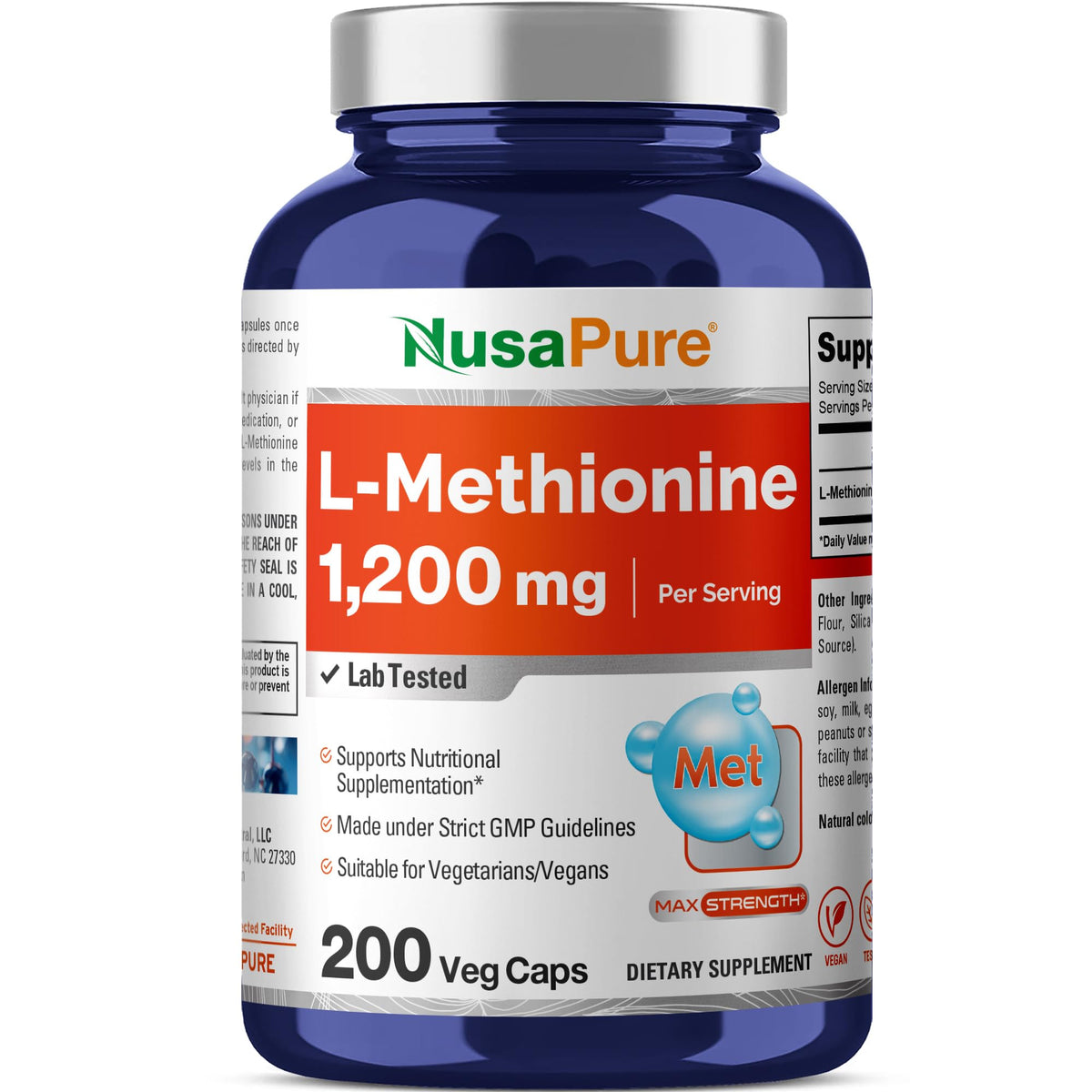 NusaPure L Methionine 1200mg | 200 Capsules | Non-GMO | Vegan Supplement - Maple Wellness Supplements
