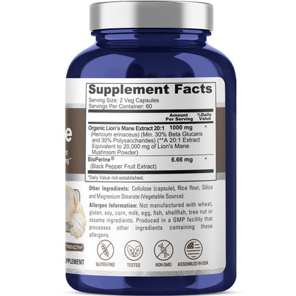 NusaPure Lions Mane 20:1 Extract (20,000 mg Equivalent) - Made with Organic Lion`s Mane, Bioperine - 30% Polysaccharides - 120 Veggie Caps. Non-GMO, Gluten Free - Maple Wellness Supplements