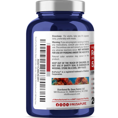 NusaPure Red Marine Algae 20:1 Extract, 250 mg Equivalent to 5,000 mg 200 Veggie Capsules (Non-GMO & Soy Free) Bioperine - Maple Wellness Supplements