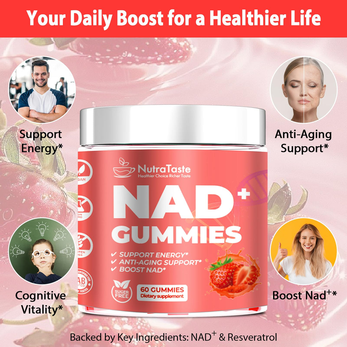 NUTRATASTE HEALTHIER CHOICE RICHER TASTE NAD⁺ Gummies Supplement for Anti-Aging, Energy & Focus Boost | Resveratrol, Nicotinamide Riboside | Strawberry Flavor, Vegan, Sugar-Free,60 Count (Pack of 1) - Maple Wellness Supplements