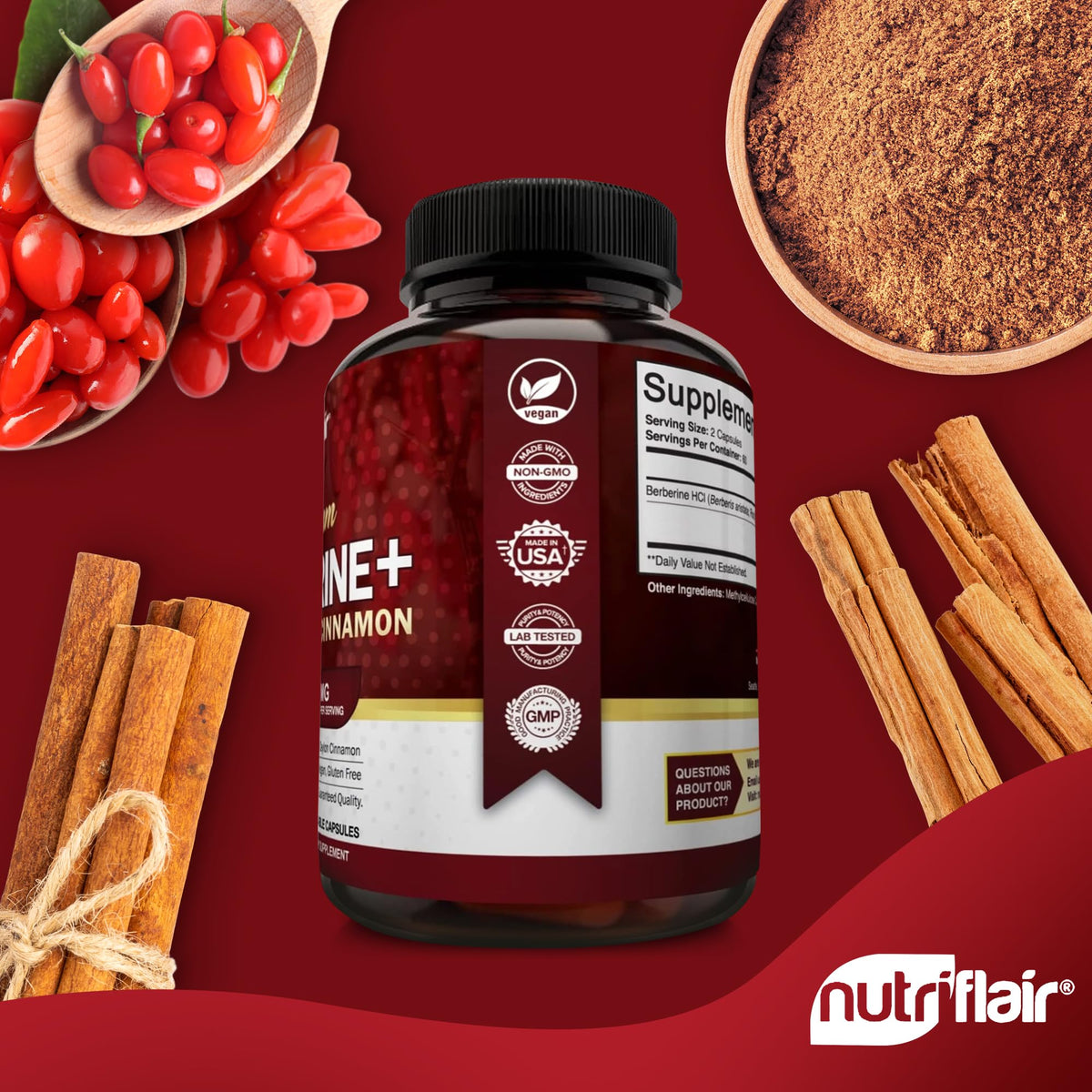 NutriFlair Premium HCL 1200mg, 120 Capsules - Plus Pure True Ceylon Cinnamon - Maple Wellness Supplements
