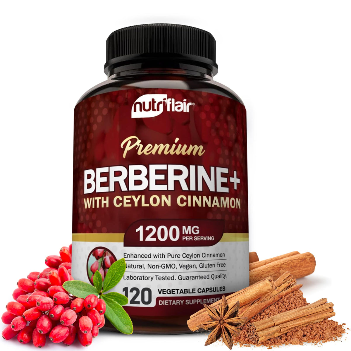 NutriFlair Premium HCL 1200mg, 120 Capsules - Plus Pure True Ceylon Cinnamon - Maple Wellness Supplements