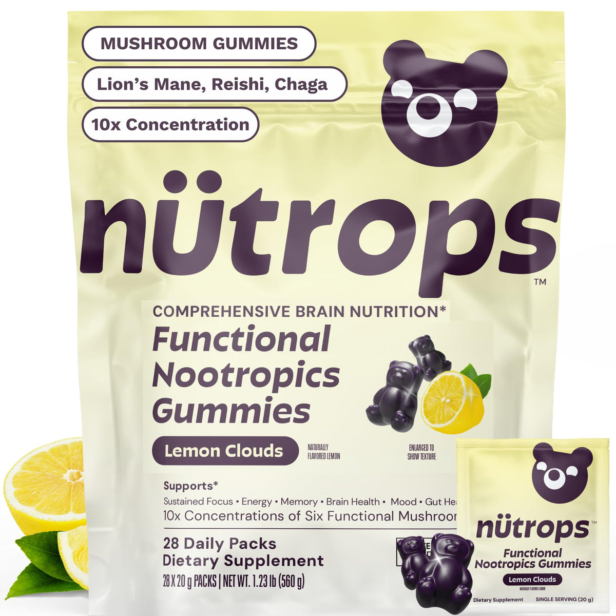Nutrops Lions Mane Mushroom Gummies for adults, Functional Nootropics, Herbal Brain Supplement for Energy, Brain Health, Cognitive, Memory & Focus, Reishi, Chaga, Cordyceps, Coriolus, 28 daily Packs - Maple Wellness Supplements