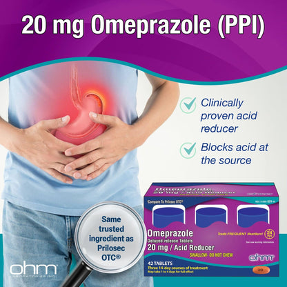 Ohm Omeprazole 20mg, 42 Delayed-Release Tablets, Acid Reducer for Frequent Heartburn, 24-Hour Relief Heartburn Medicine, Helps Relieve Stomach & Chest Discomfort (6 Weeks of Supply, 42, Count) - Maple Wellness Supplements