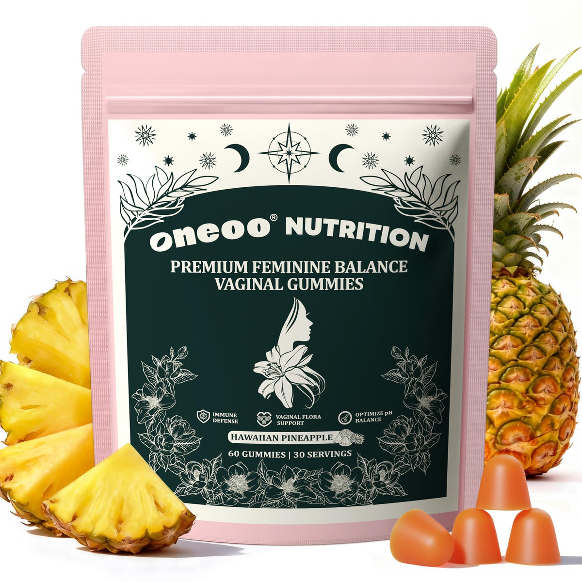 Oneoo Feminine Balance Gummies - Premium Balance Gummies for Women's pH Health, Feminine Gummy for Immune & Energy Support, Vegan, Gluten-Free, Hawaiian Pineapple, 60 Count - Maple Wellness Supplements